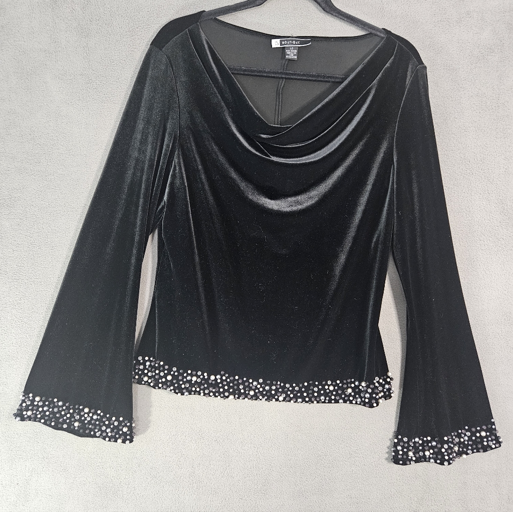 Js Boutique Womens Large Shirt Velvet Cowlneck Flare Long Sleeve Beaded Party